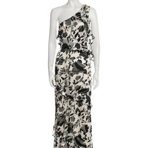 St. John Black and White One Shoulder Flutter Sleeve Gown